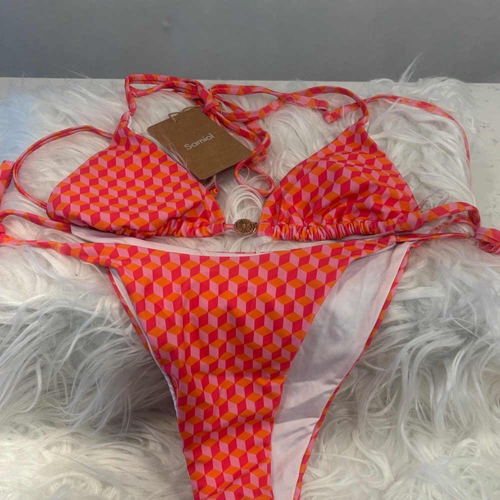 Samiol Pink & Orange Geo Print Triangle Bikini Top